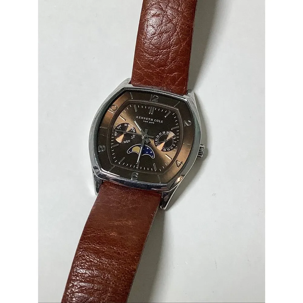 Kenneth Cole NY Men's Brown Leather Tonneau Moonphase Chronograph Watch F16-24